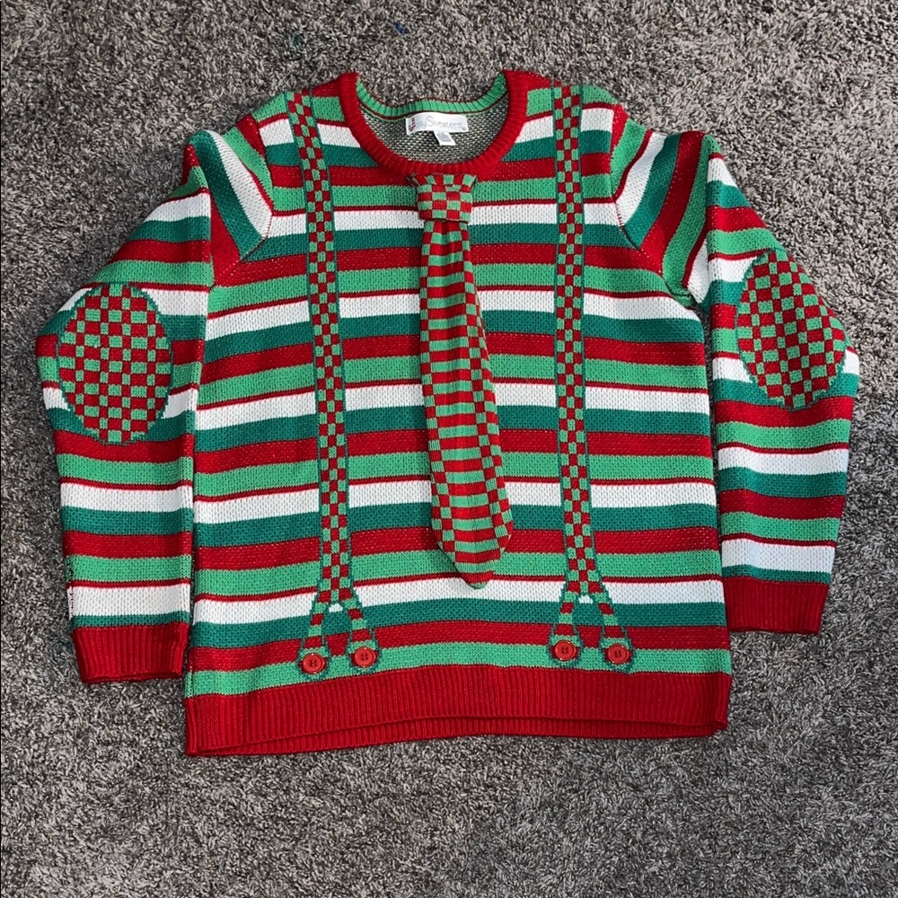 Jolly Sweater Red And Green Tie Men’s Suspenders Christmas Sweater Size Large